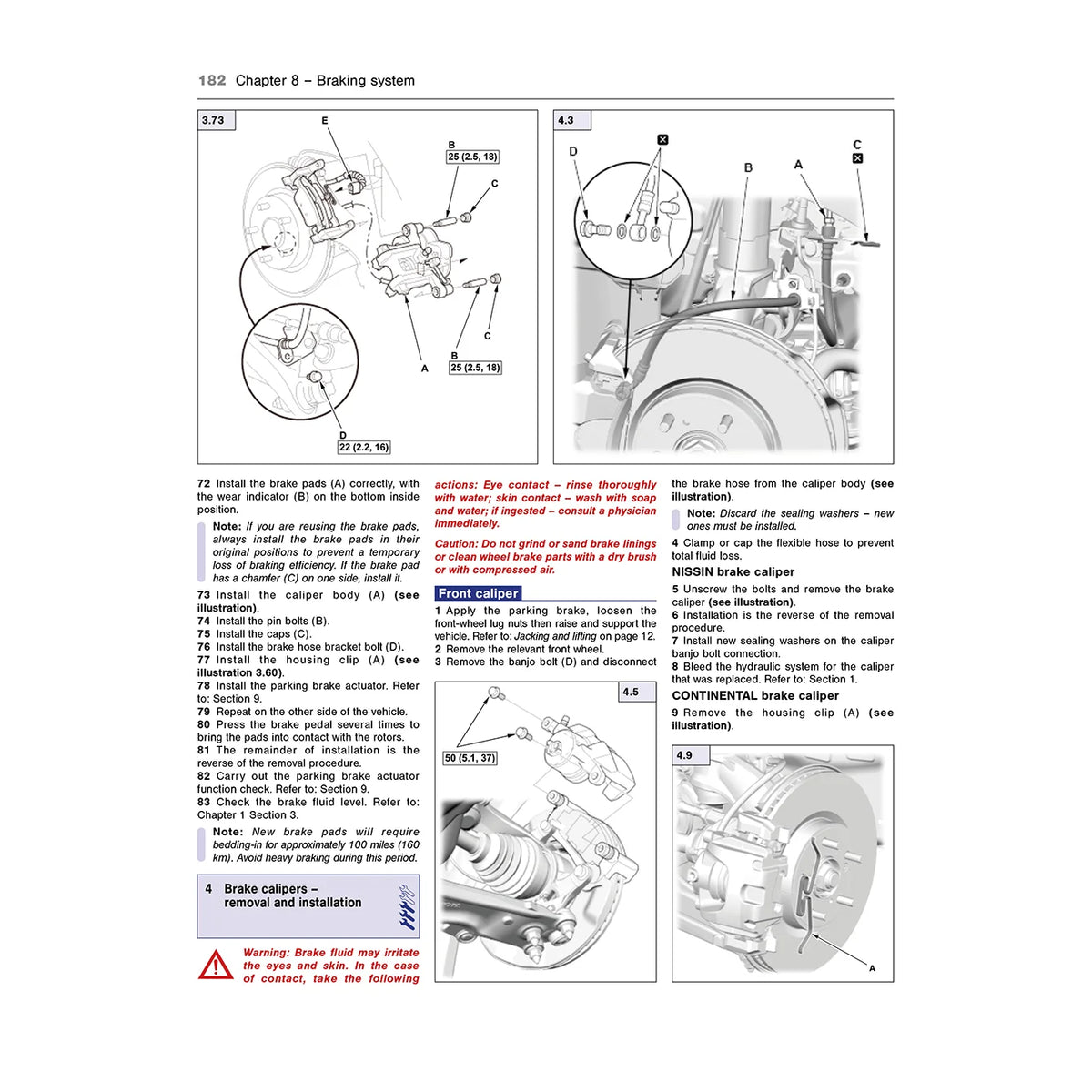 A printed page from an automotive service manual showing step-by-step brake caliper installation and removal diagrams with labeled parts and notes.
