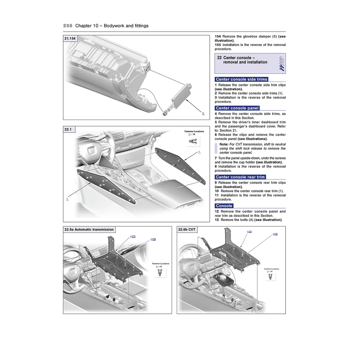 A technical page from a service manual showing bodywork and fittings instructions, with labeled diagrams of a vehicle's center console, removal steps, and part numbers on a white background.