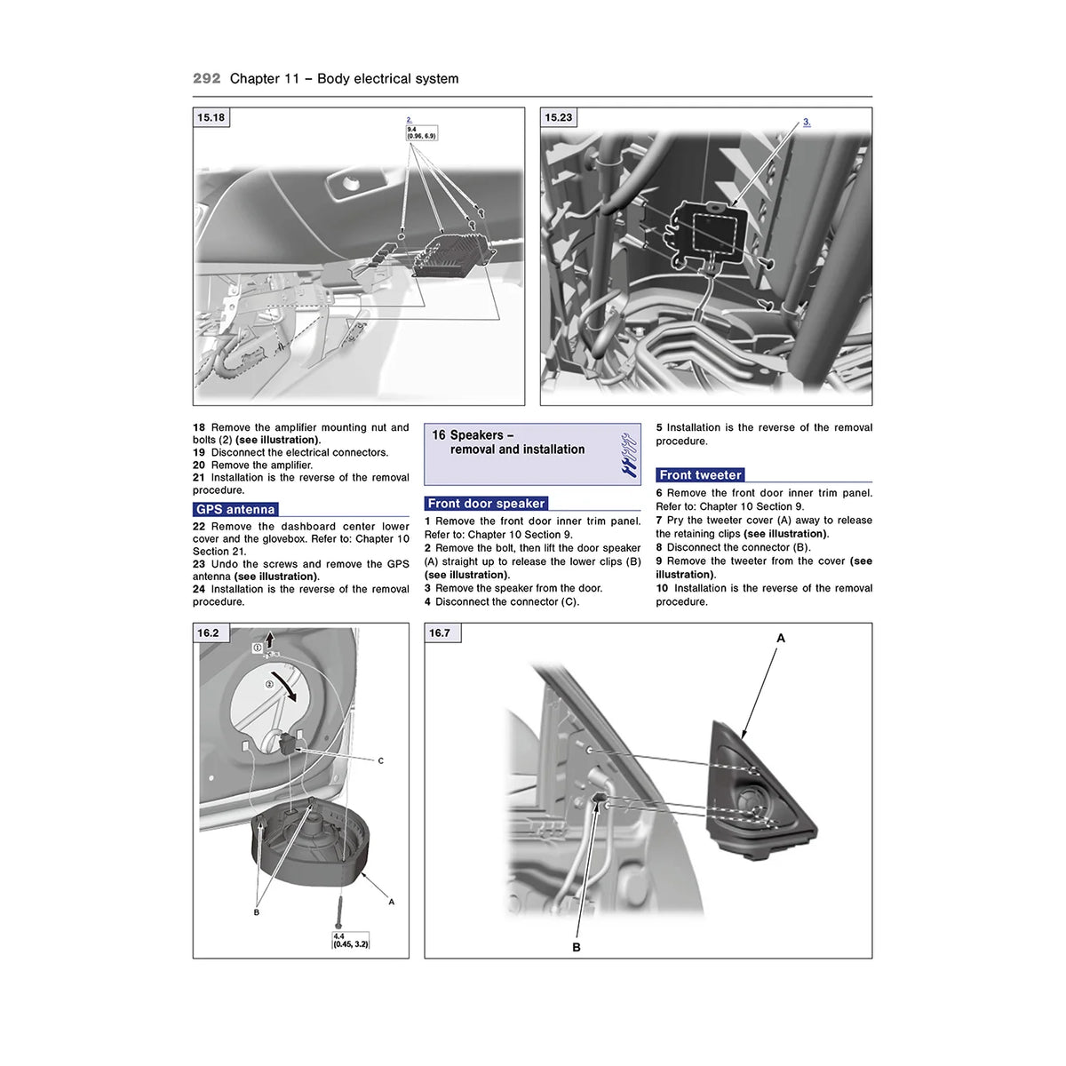 A printed page from a manual showing black-and-white exploded-view diagrams and numbered instructions for removing an amplifier, speakers, and door speaker on a body electrical system.