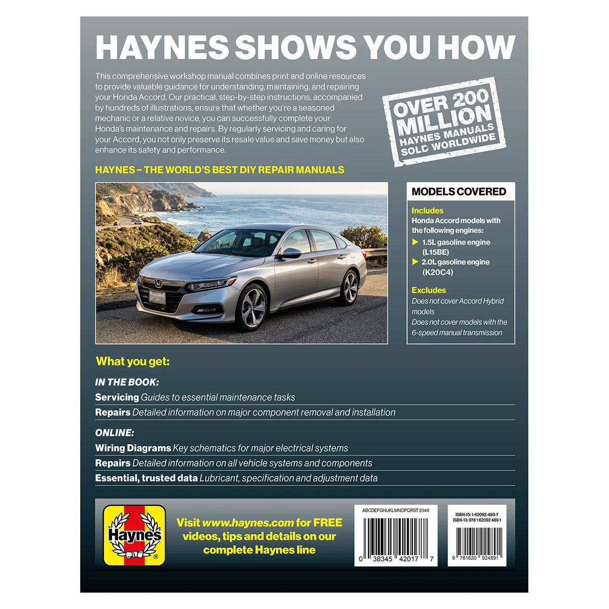 Back cover of a Haynes workshop manual for Honda Accord service and repair, featuring a large gray title block, a photo of a silver Accord car, feature callouts, a model list, and a Haynes logo at the bottom.