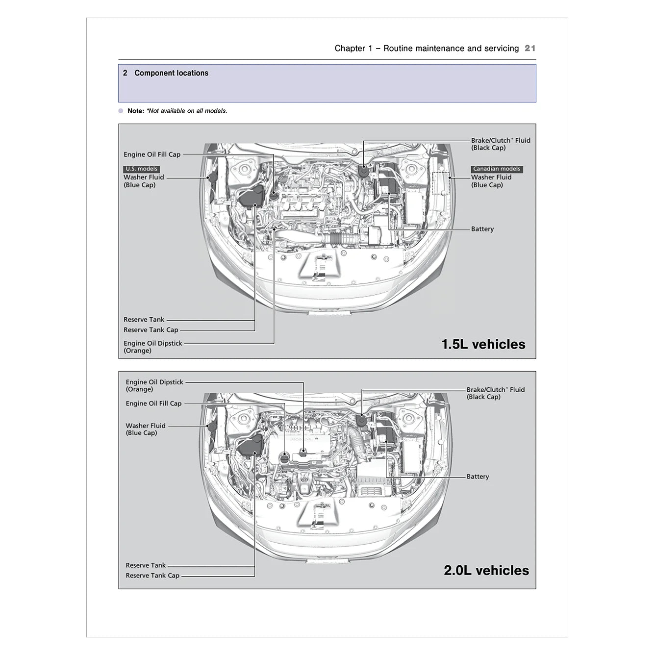 Technical diagram of vehicle engine compartments for 1.5L and 2.0L vehicles on a white background.