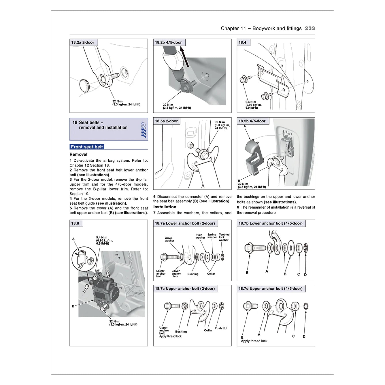 Technical manual page with illustrations and text on car seat belt removal and installation.