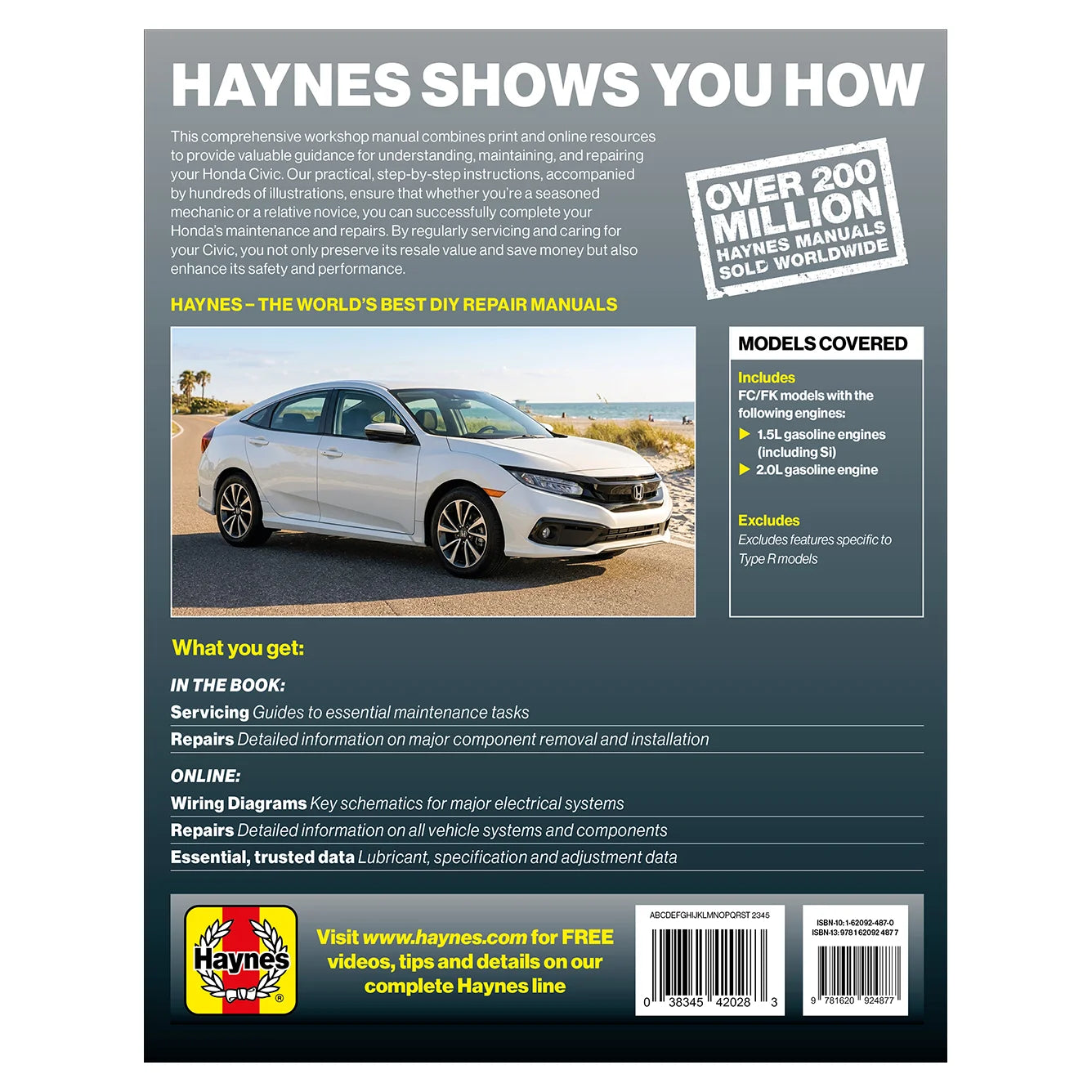 Back cover of a Haynes automotive repair manual with a car image and text about the book's contents.
