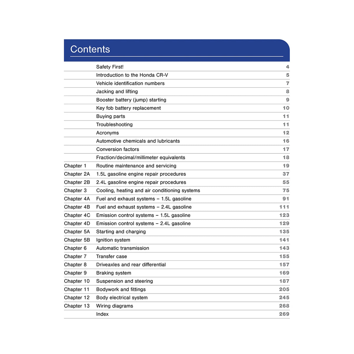 A printed table of contents page with a blue header reading 'Contents' and a list of chapter and section titles on a white background.