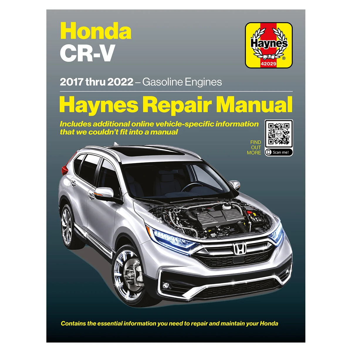Haynes Repair Manual cover for a Honda CR-V gasoline engine, showing a silver SUV with its hood open on a dark gradient background with yellow and white text.