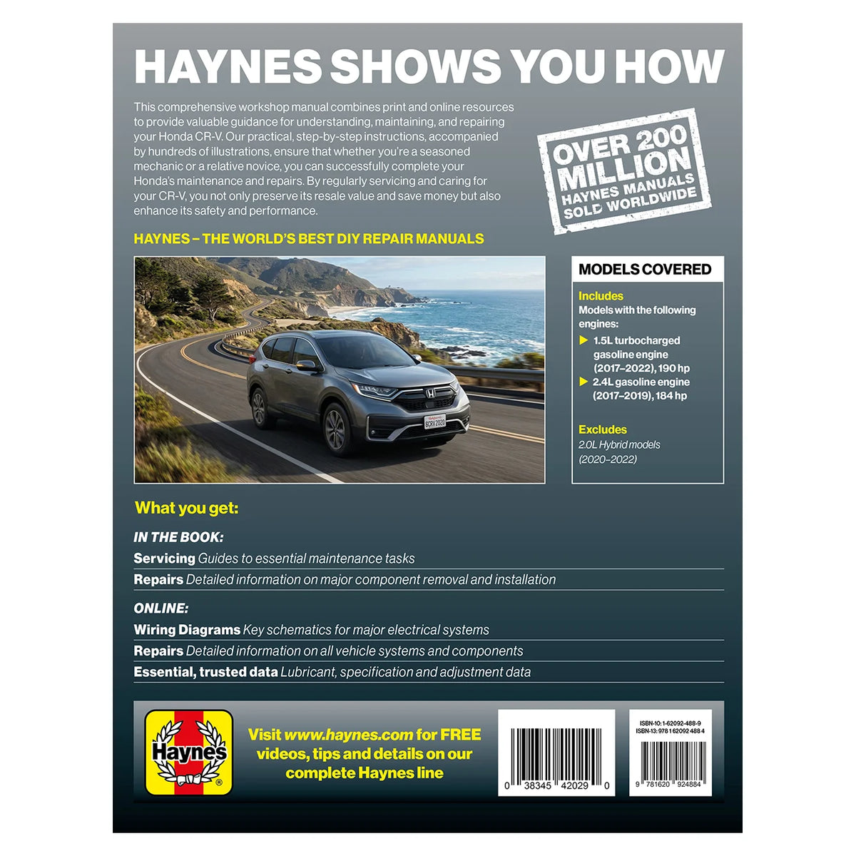 Back cover of a Haynes workshop manual book, featuring a gray and dark blue design with a photo of a car on a winding coastal road, text about contents, a 'Models Covered' section, and a Haynes logo at the bottom.