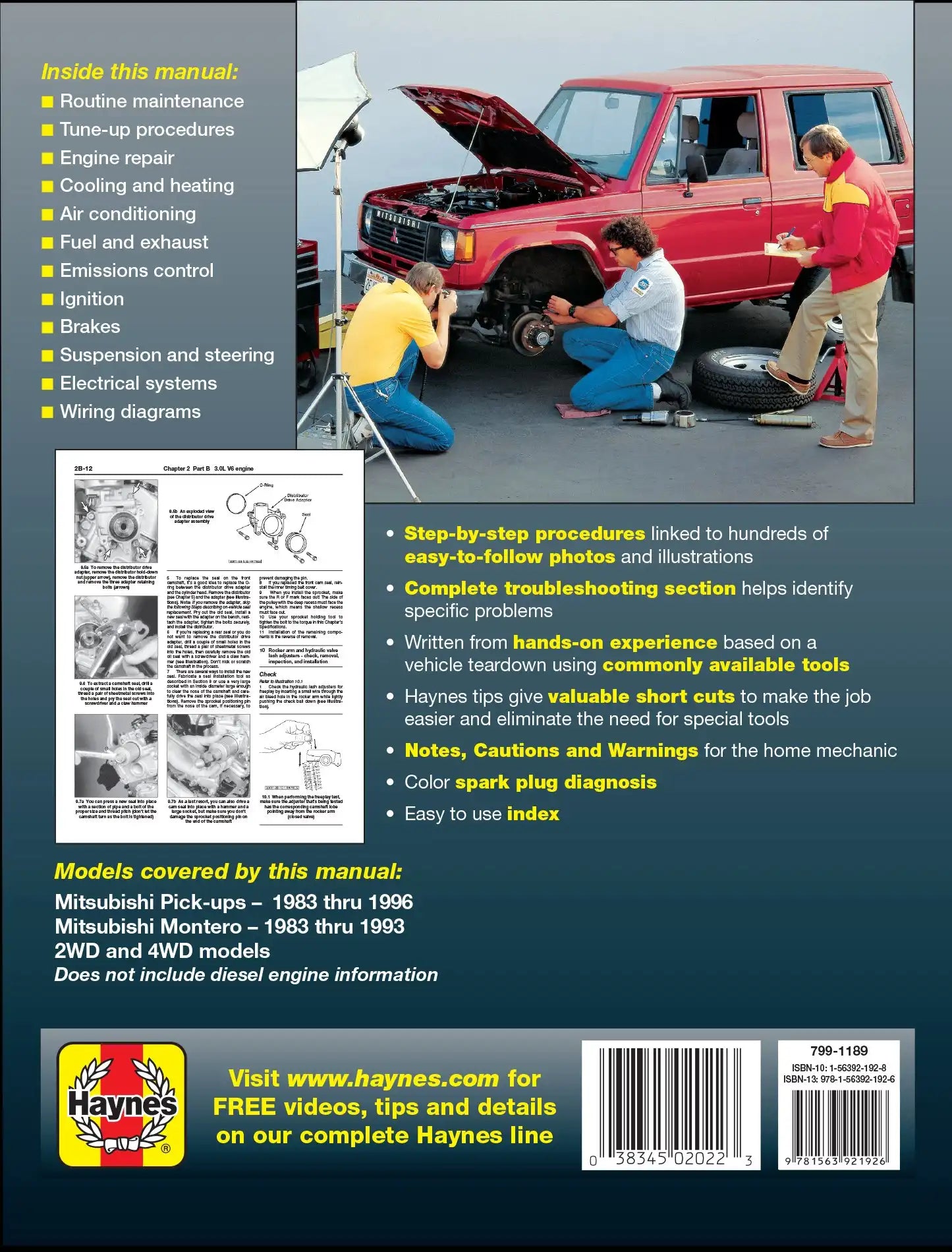 Back cover of a car repair manual with text and images of people working on a red vehicle.