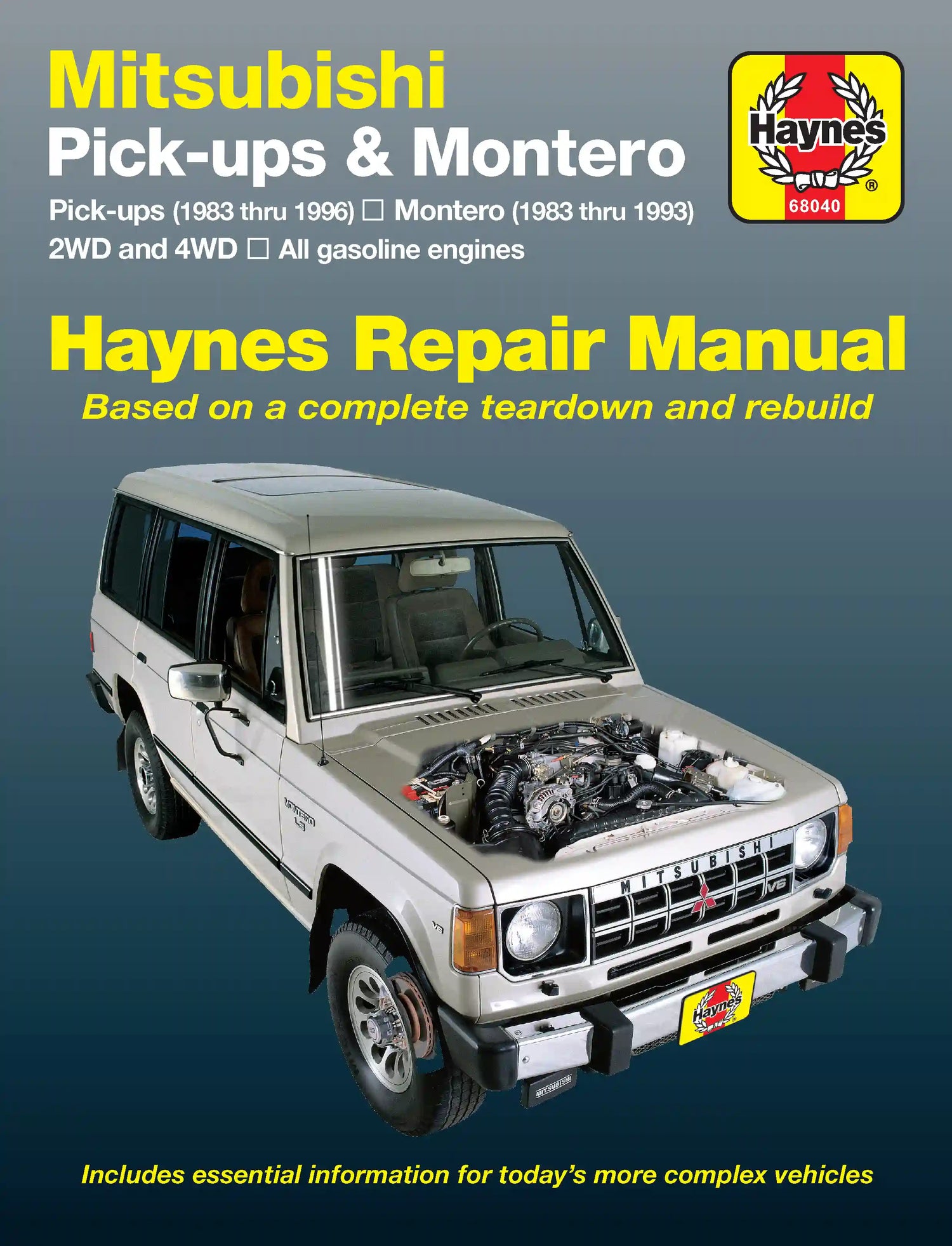 Haynes repair manual cover for Mitsubishi Pick-ups and Montero with a vehicle image on a blue background.