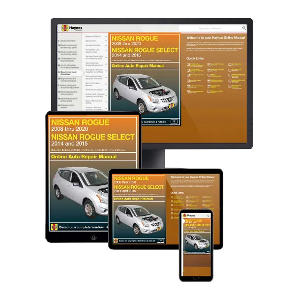 Collection of digital car repair manuals displayed on a computer screen, tablet, and smartphone.