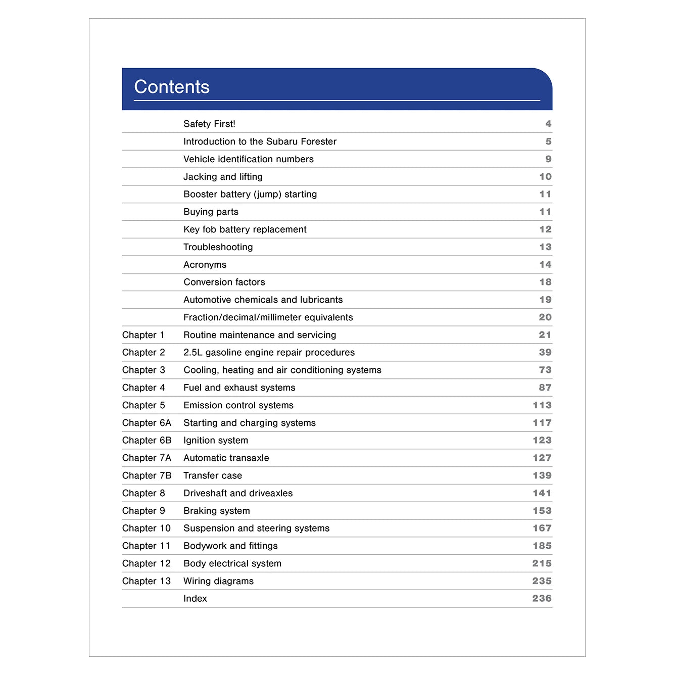 Table of contents for a manual or book on Subaru Forester vehicle maintenance and repair.