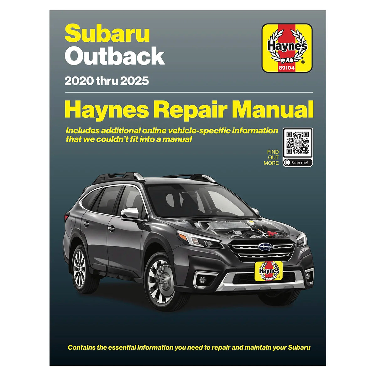 Haynes Repair Manual cover for the Subaru Outback 2020 thru 2025, featuring a dark gray Subaru Outback SUV on a dark gray gradient background with yellow and white text and the Haynes logo.