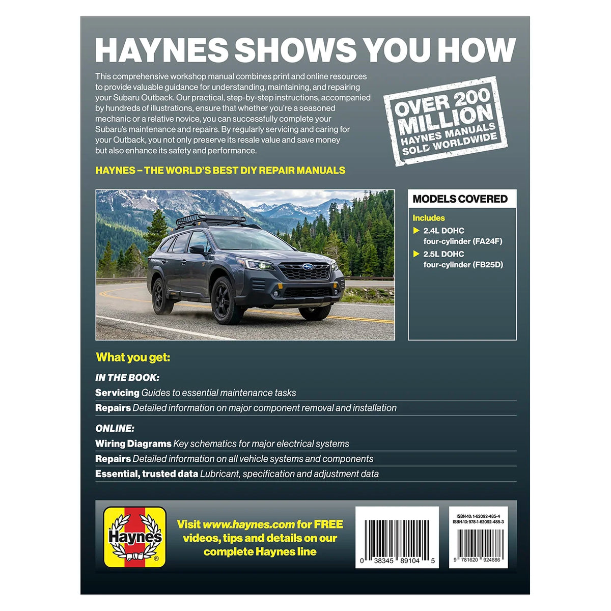 Back cover of a Haynes workshop manual book, featuring a dark gray and teal design with a photo of a black SUV on a mountain road, text about over 200 million manuals, a models covered list, and a Haynes logo at the bottom.