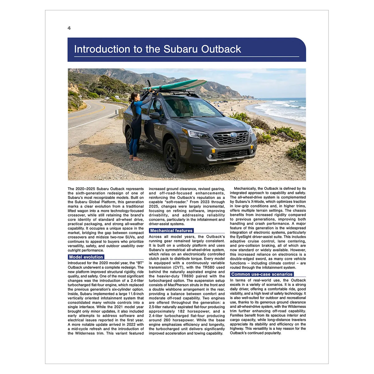 A printed page from a Subaru brochure or manual, featuring an introduction section with a large photograph of a dark gray Subaru Outback parked on a coastal road with surfboards on the roof rack, surrounded by blocks of text.