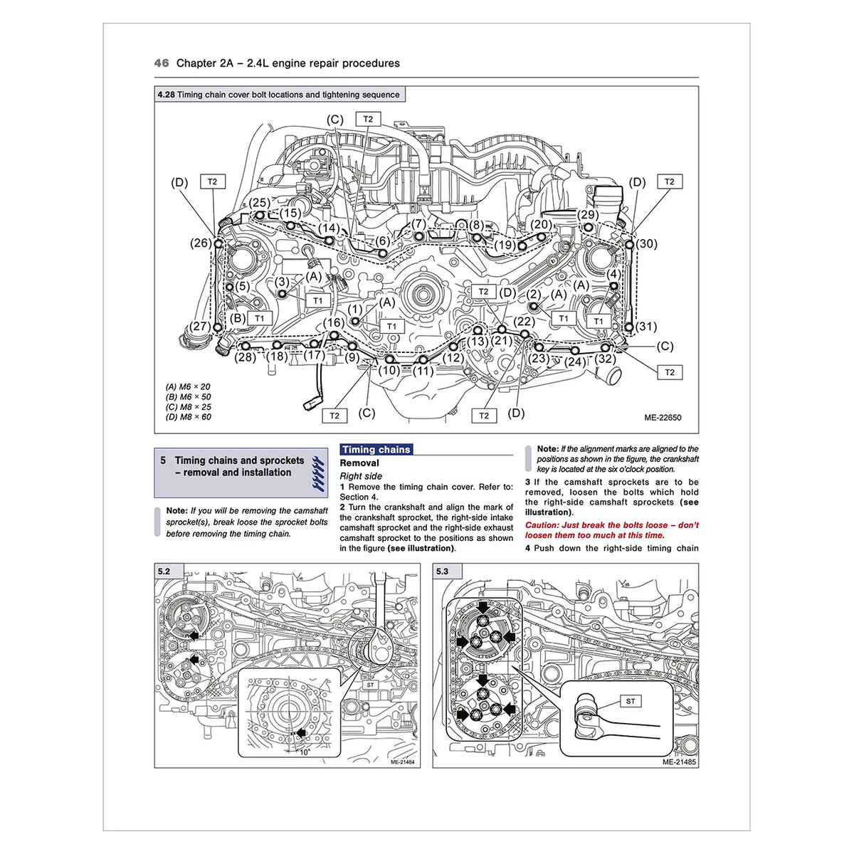 A technical service manual page showing engine procedures and timing chain cover bolt fastening sequences, with labeled engine diagrams, step-by-step instructions, and small inset photos on a white background.