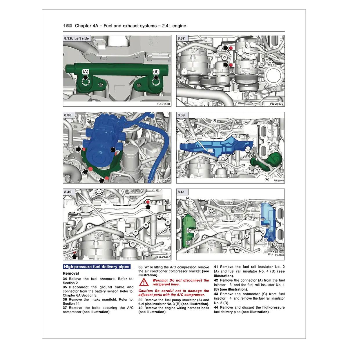 A printed technical diagram page showing an engine with labeled parts and numbered removal steps, including a green bracket, blue hose, and other mechanical components on a white page.