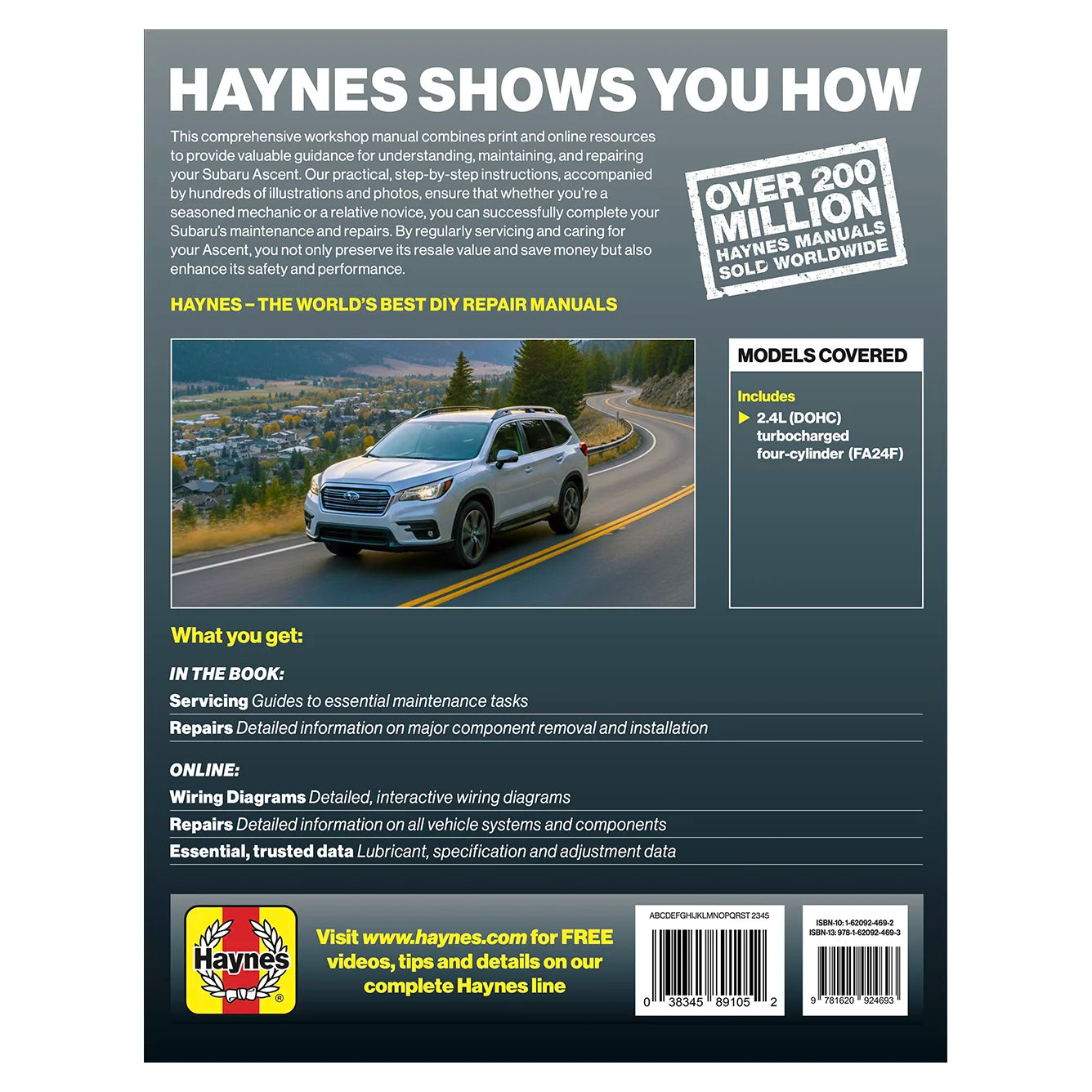 Back cover of a Haynes automotive repair manual with a car on a road and promotional text.