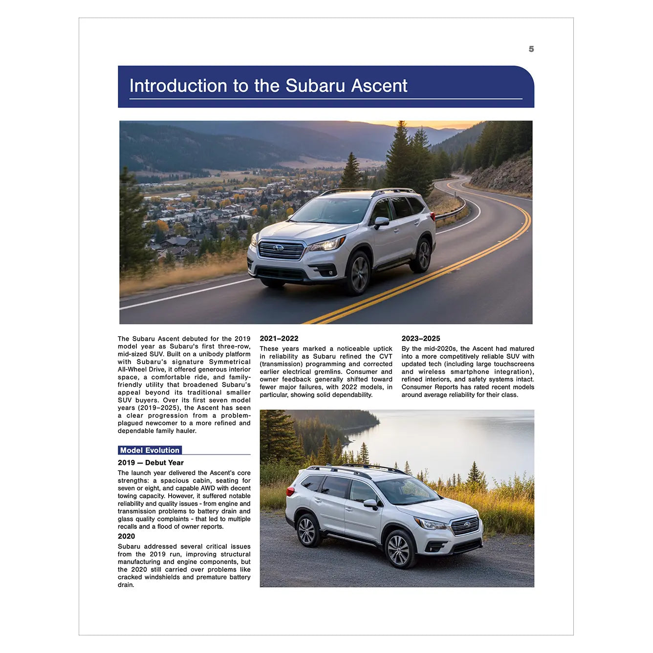Page from a book or magazine introducing the Subaru Ascent with images of the vehicle on a road.