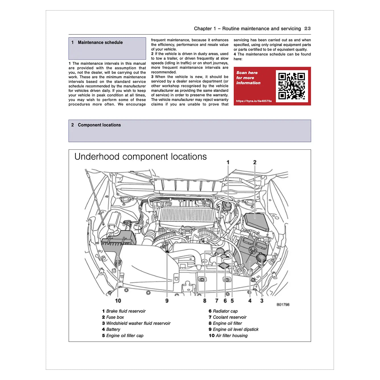 Technical diagram of underhood component locations with a QR code on a white background