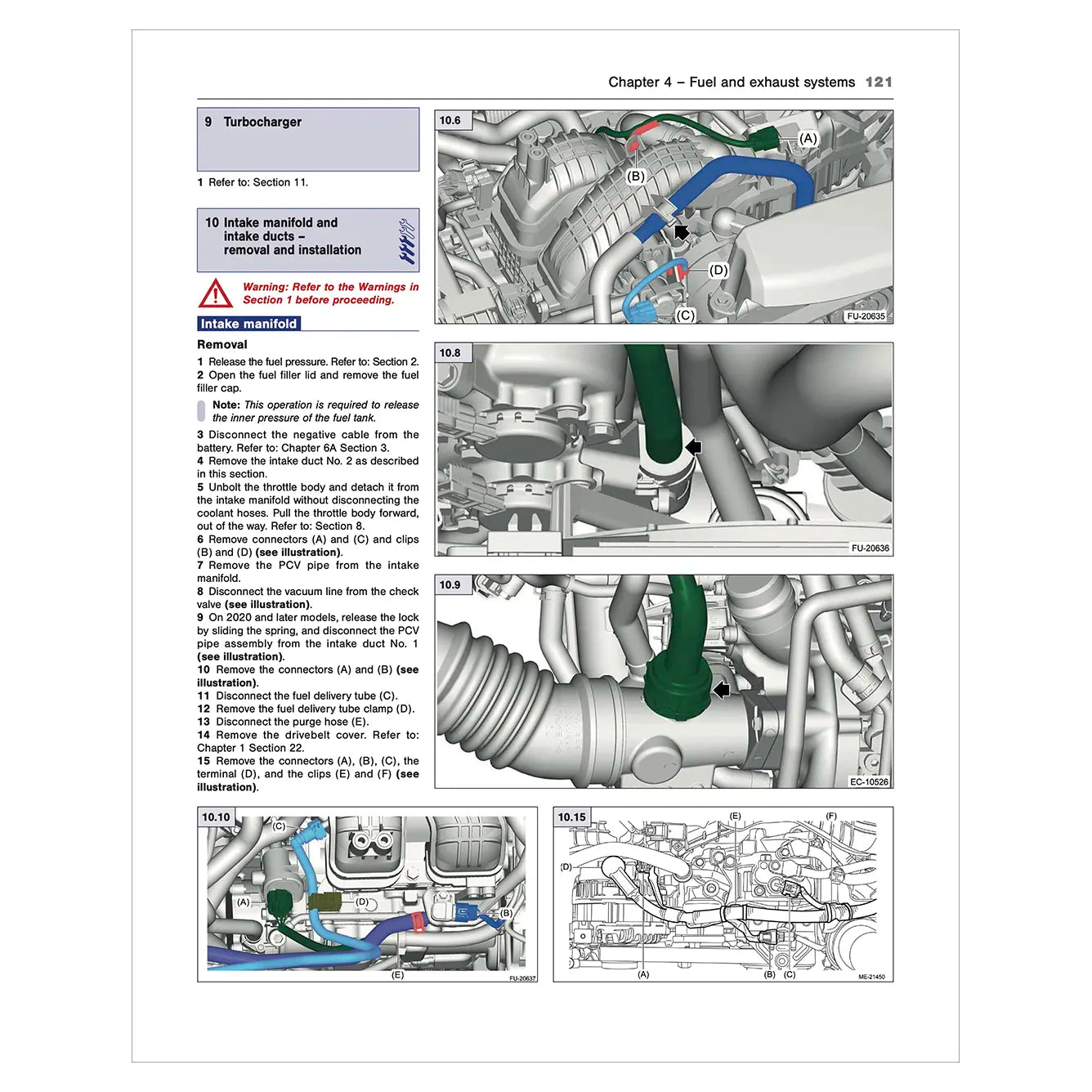 Technical diagram and text from a vehicle maintenance manual on fuel and exhaust systems.
