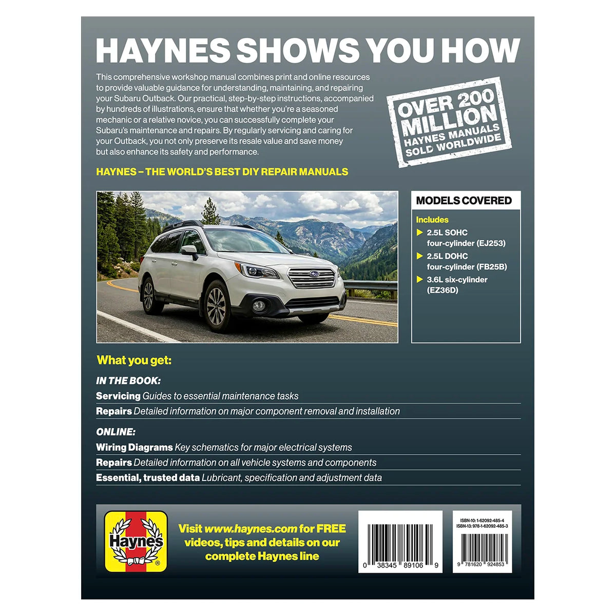 Back cover of a Haynes workshop manual book, featuring a white SUV on a mountain road, text sections, a 'Models Covered' list, and a Haynes logo at the bottom.