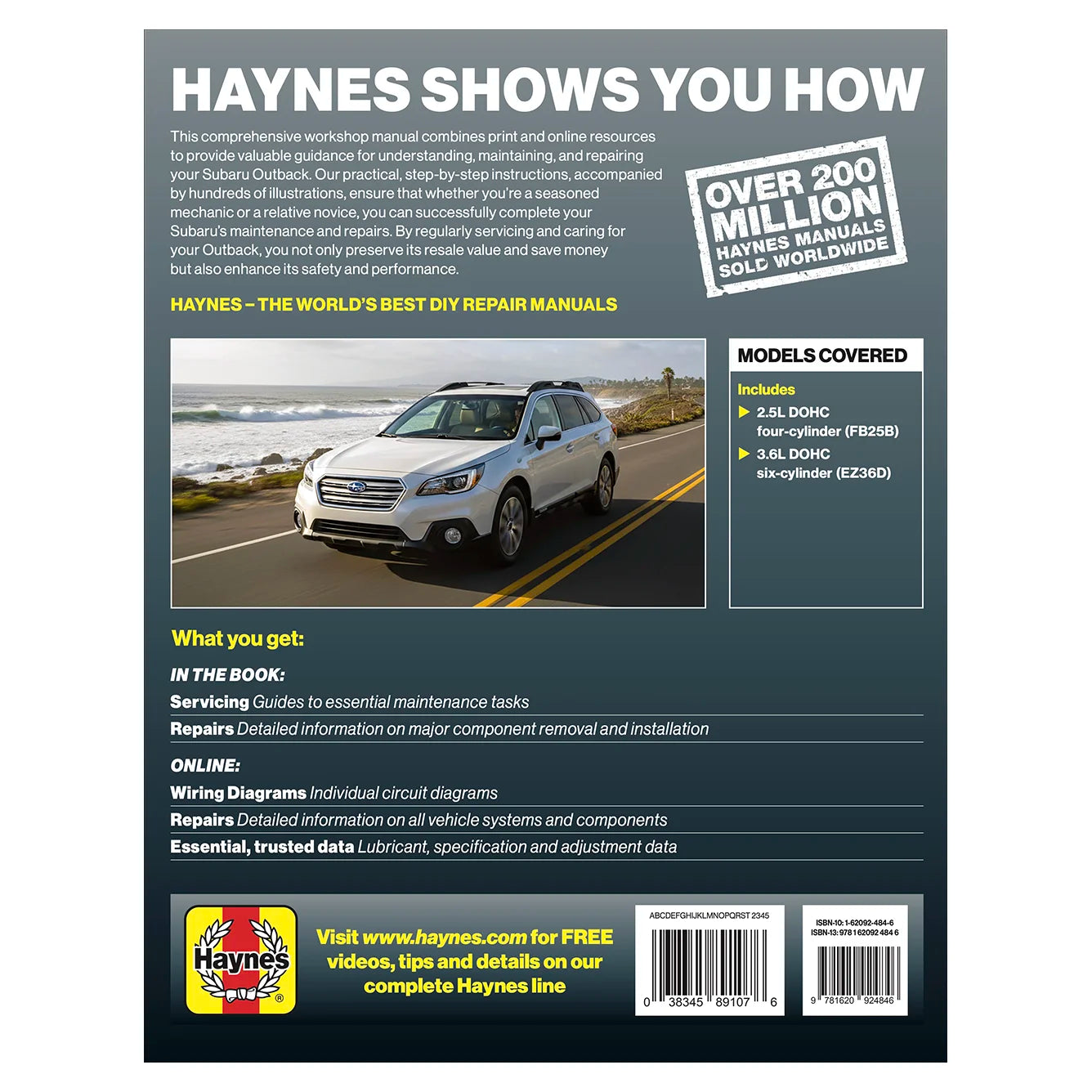 Back cover of a Haynes automotive repair manual with a car on a road and promotional text.