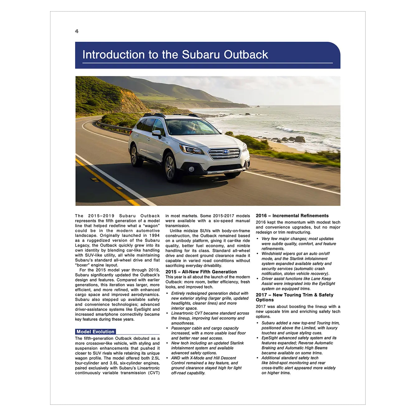 Page from a book or magazine introducing the Subaru Outback with a photo of the car on a road.