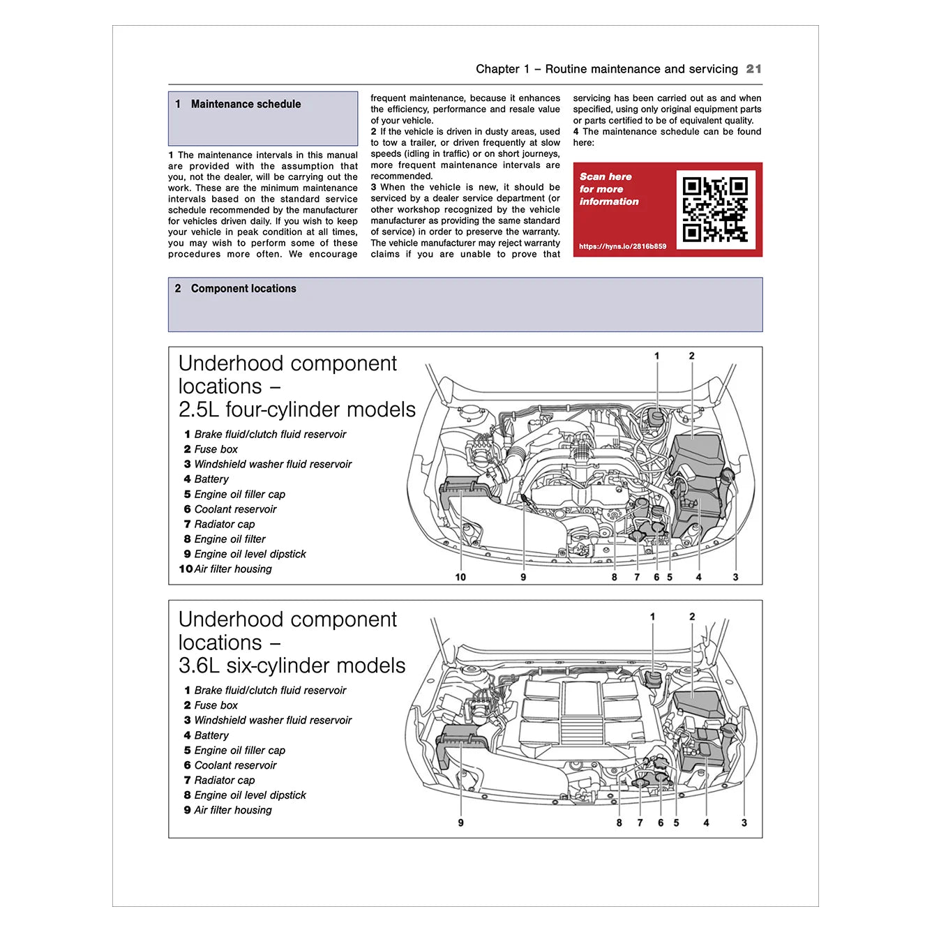 Technical manual page with car underhood component diagrams and text.