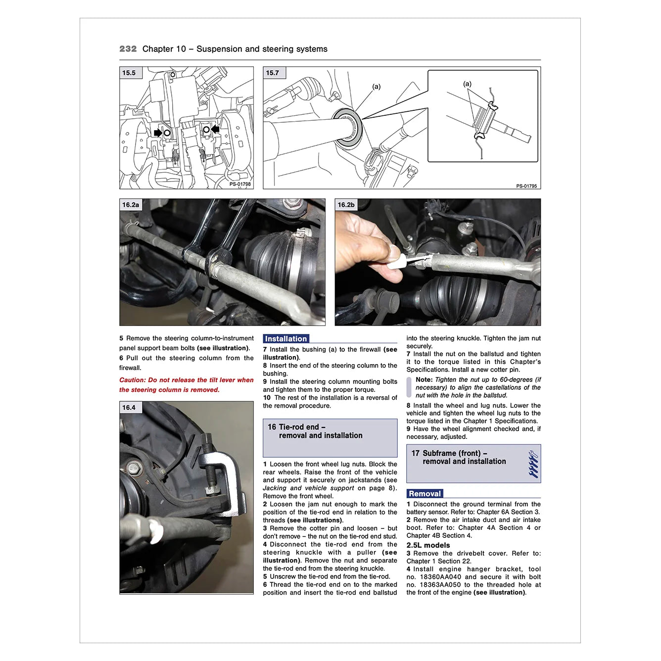 Technical manual page on suspension and steering systems with diagrams and text.