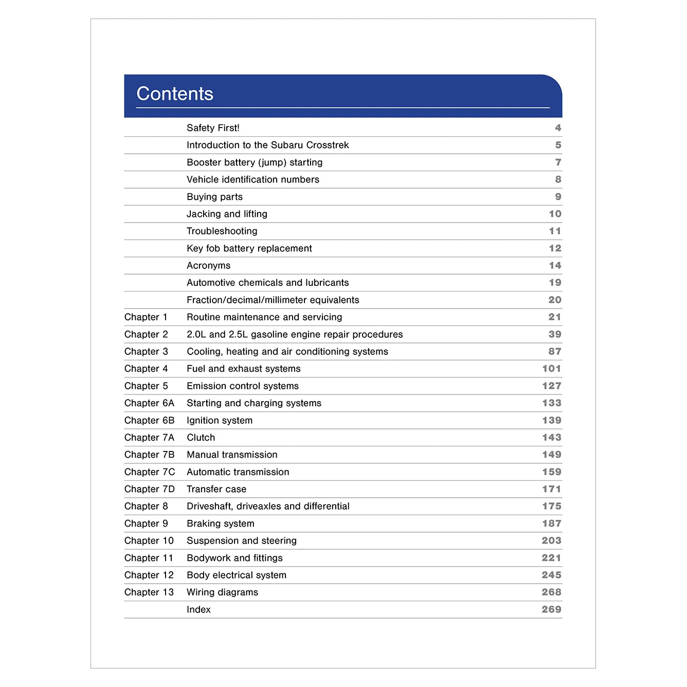 Table of contents for a vehicle repair manual on a white background