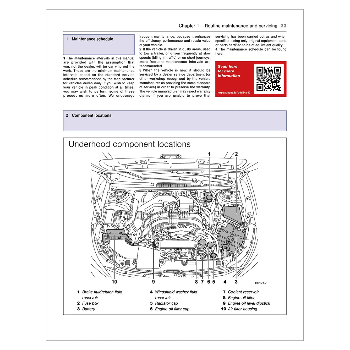 Technical diagram of a vehicle's underhood component locations with text and QR code on a white background.