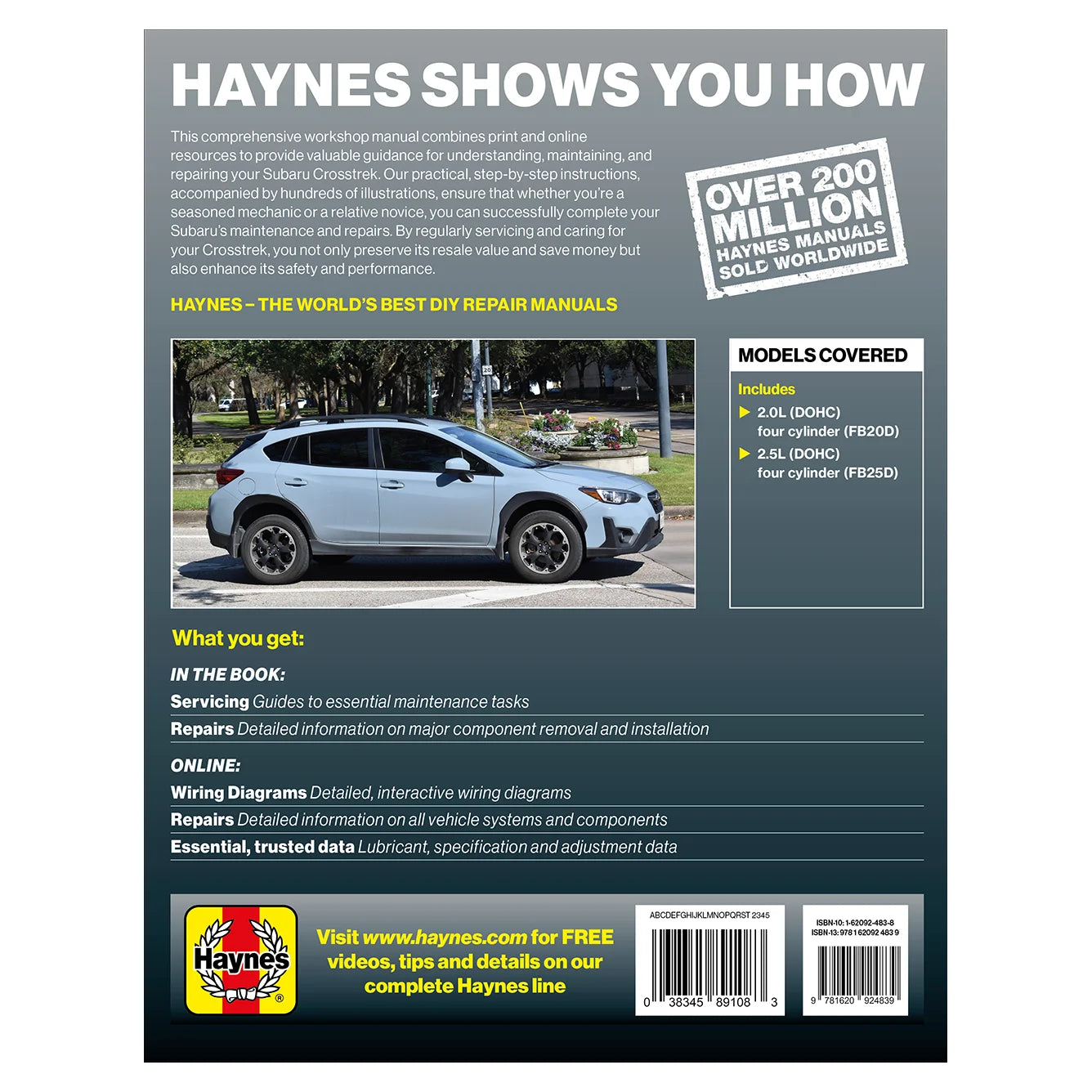 Back cover of a Haynes car repair manual with text and a car image.