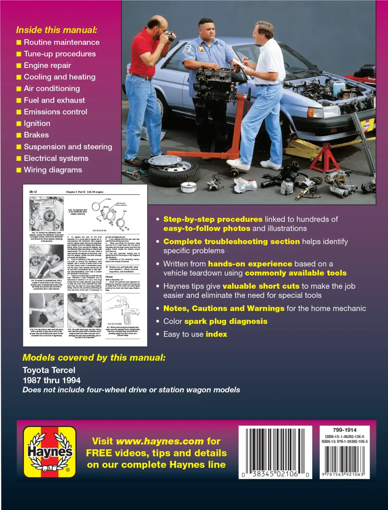 Back cover of a automotive repair manual with text and images of mechanics working on a car.