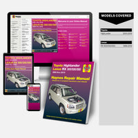 Toyota Highlander 2001 thru 2019 and Lexus RX 300/330/350 Book and Online Repair Manual Bundle