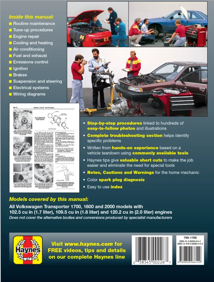 Back cover of a automotive repair manual with images of mechanics and vehicles.