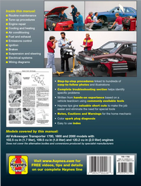 Back cover of a automotive repair manual with images of mechanics and vehicles.