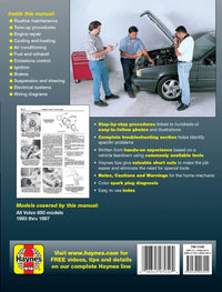 Back cover of a car repair manual with text and images of people working on a car.