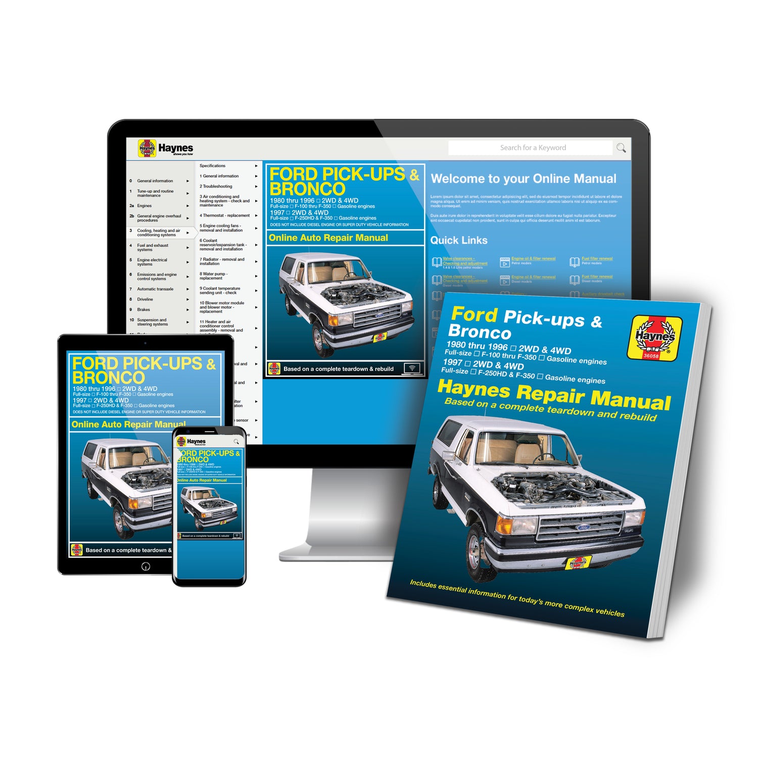 Haynes repair manual for Ford Pick-ups and Bronco displayed on a computer screen, tablet, and smartphone.
