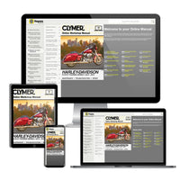 Clymer Online Workshop Manual displayed on computer, tablet, and smartphone screens.