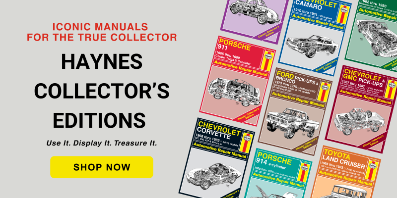 Haynes Collector's Editions manuals displayed on a gray background with promotional text.