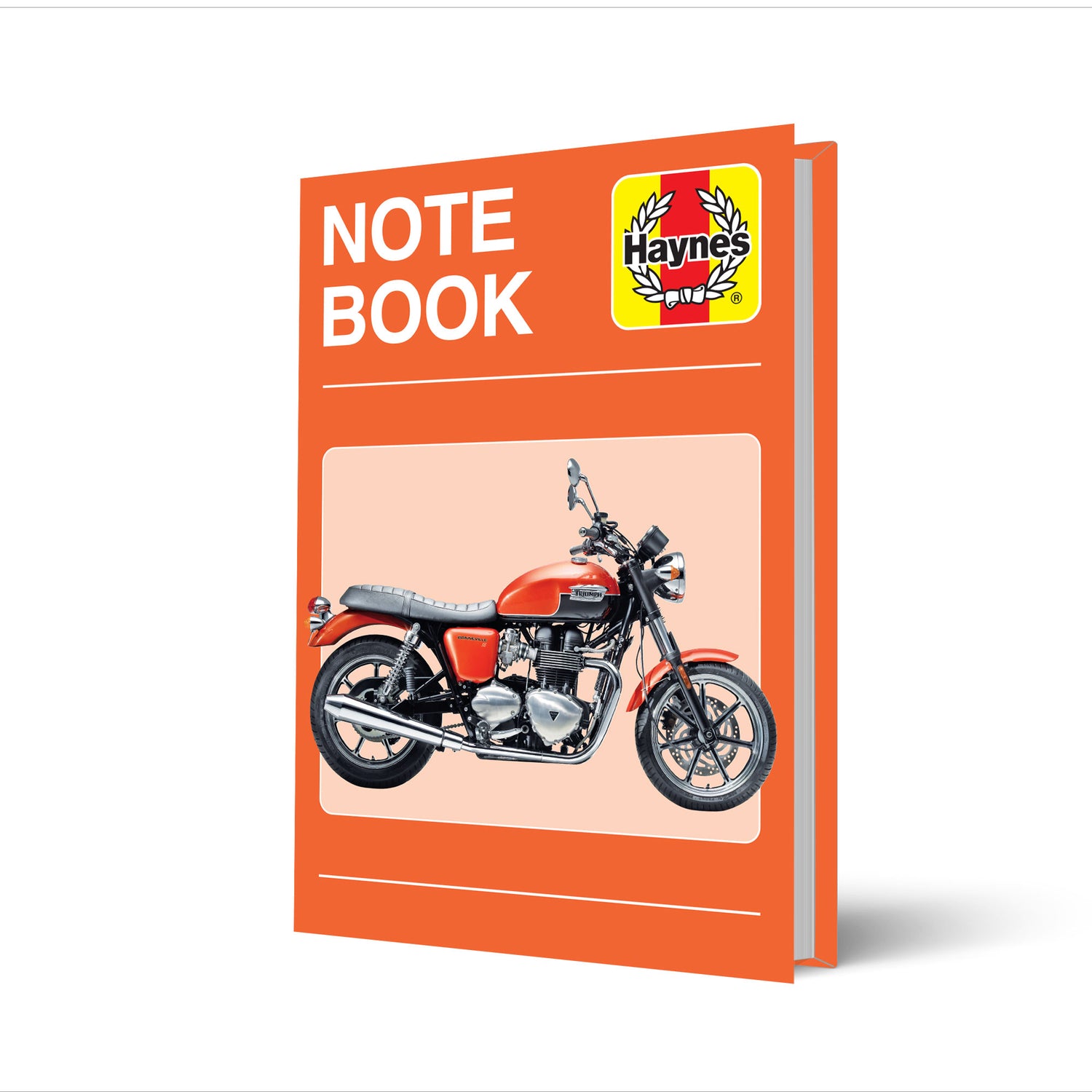 Notebook with motorcycle illustration and Haynes logo on an orange cover