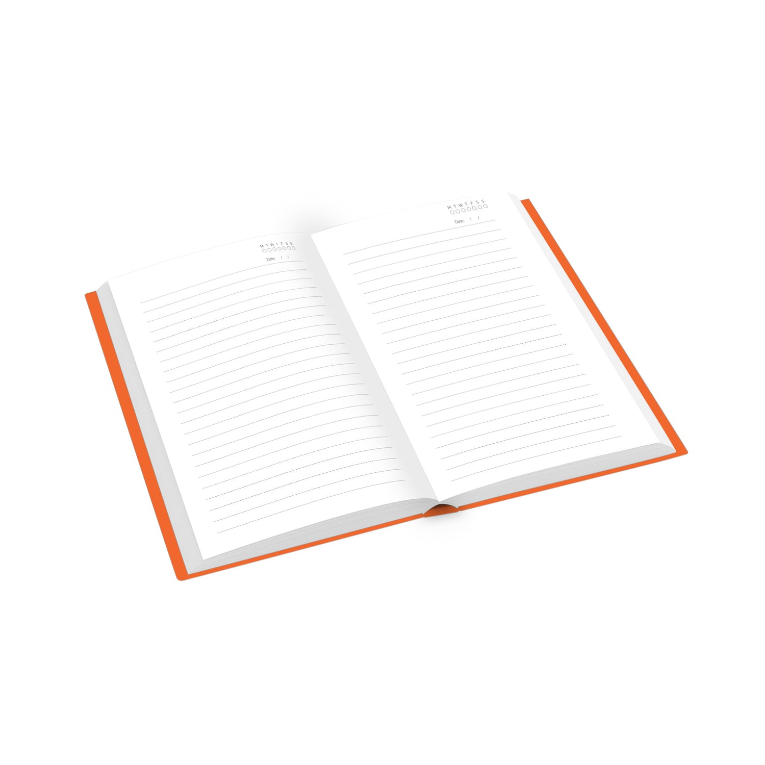 Open notebook with orange binding on a white background