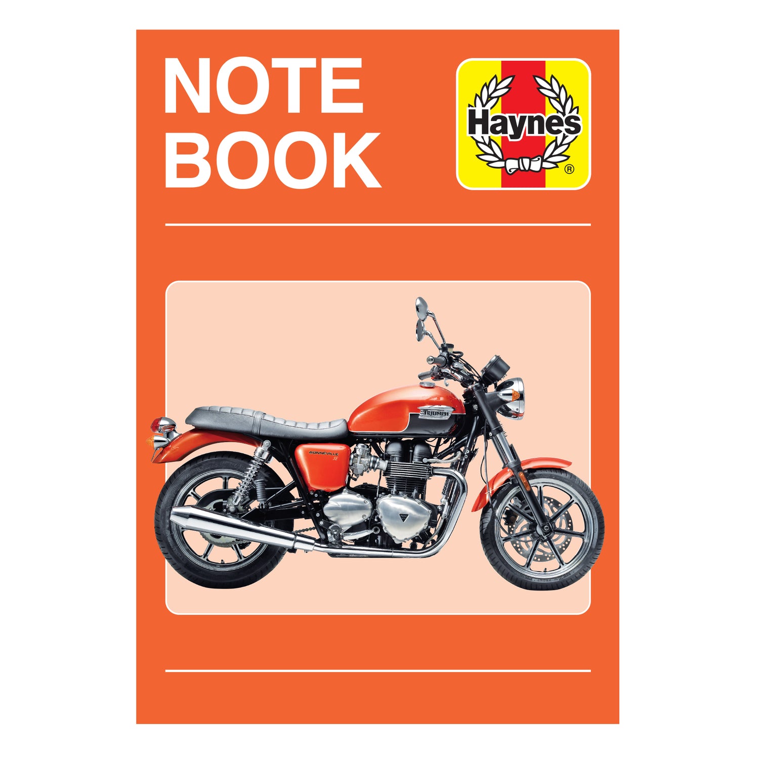 Haynes motorcycle notebook with an orange cover and motorcycle illustration on a white background