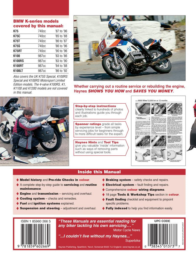BMW K100 2-valve (83-92) & K75 (85-96) Haynes Repair Manual – Haynes ...