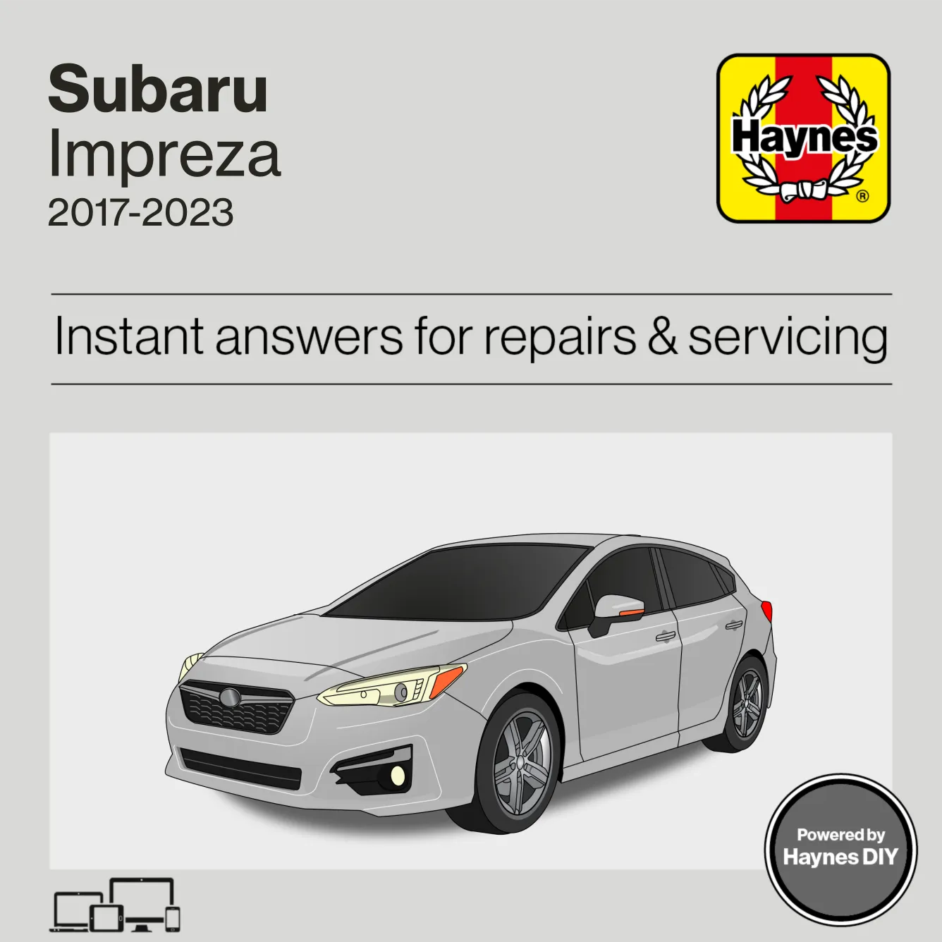 Haynes manual cover for Subaru Impreza (GK, GT) 2017-2023 with a car illustration and Haynes logo.