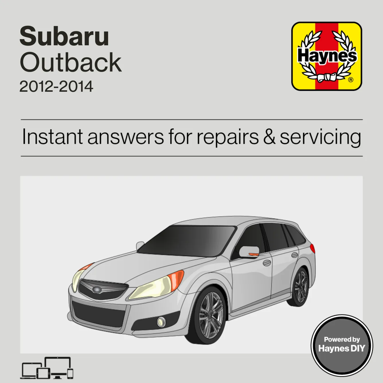 Haynes manual cover for Subaru Outback (BS) 2012-2014 with car illustration and Haynes logo.
