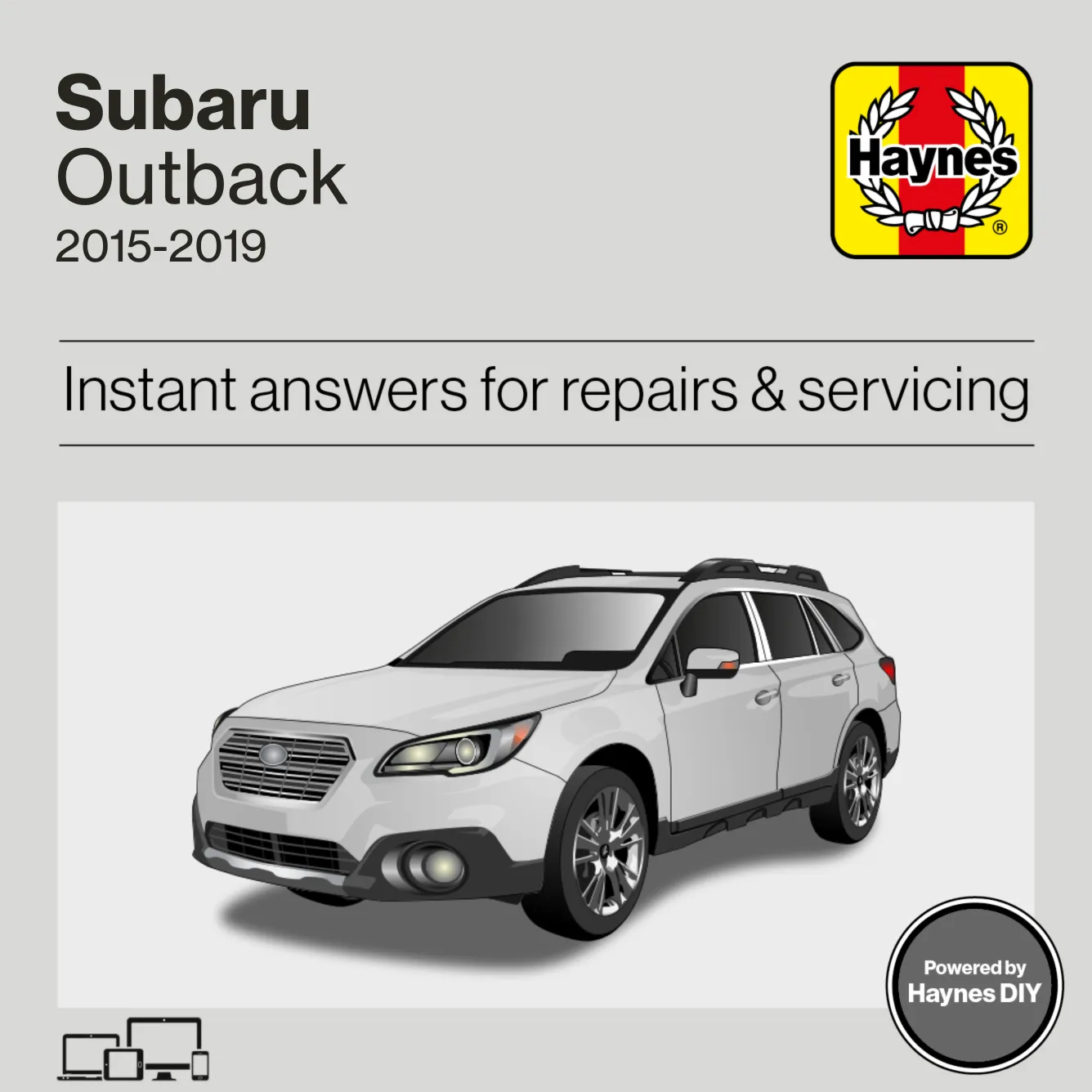 Haynes manual cover for Subaru Outback (BS) 2014-2019 with a white car illustration on a gray background.