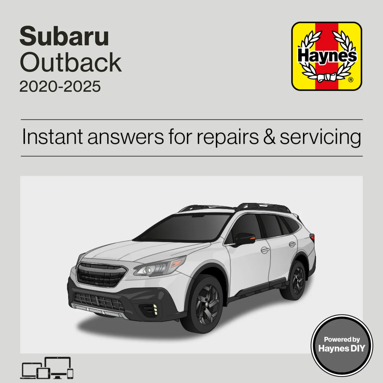 Haynes manual cover for Subaru Outback (BR) 2020-2025 with a white SUV illustration.