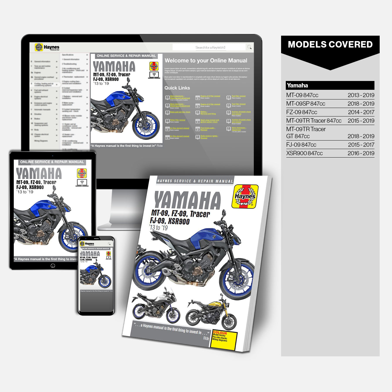Yamaha MT-09, FZ-09, Tracer FJ-09 & XSR900 (13-19) Haynes