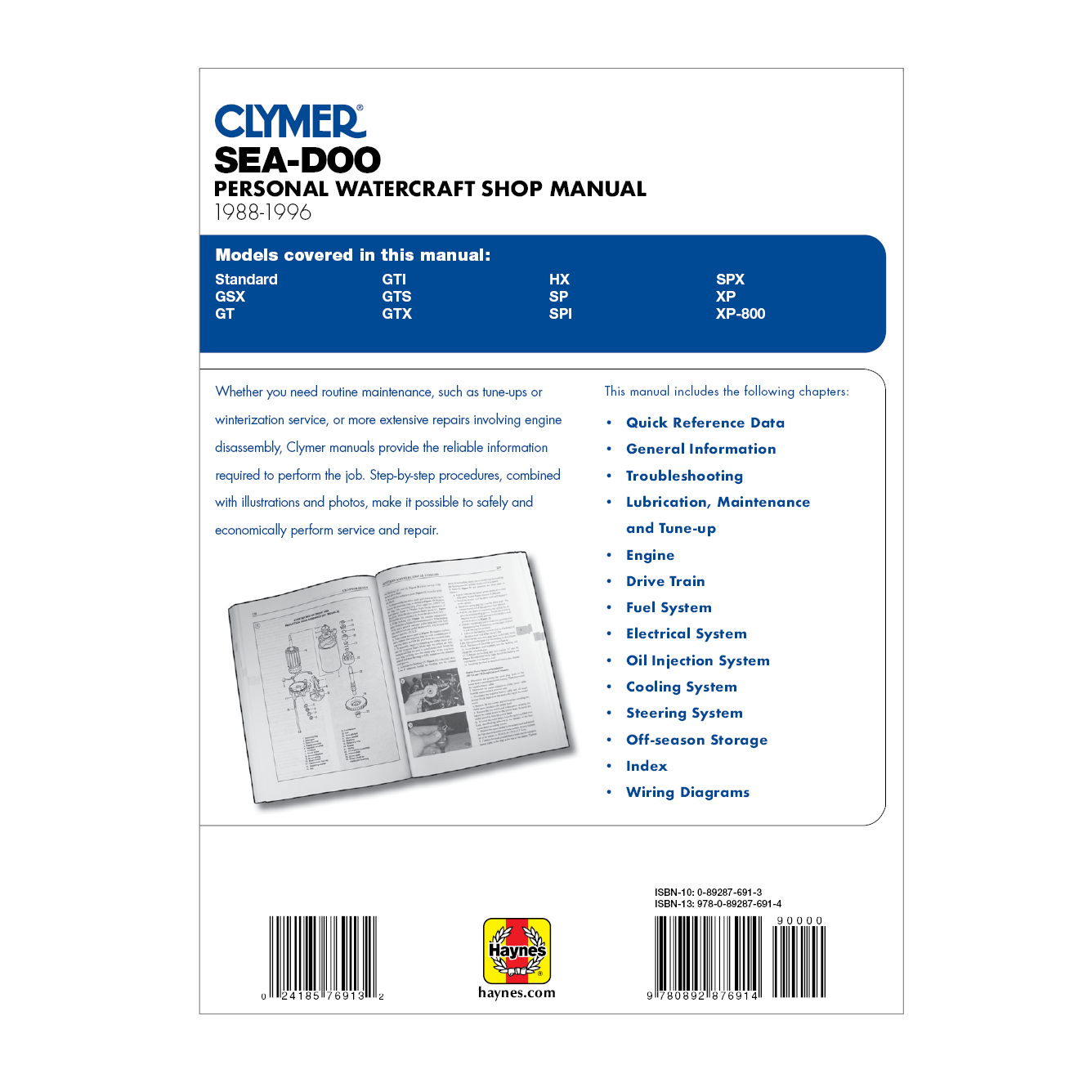 Clymer Sea-Doo personal watercraft shop manual back cover with text and images of the manual.