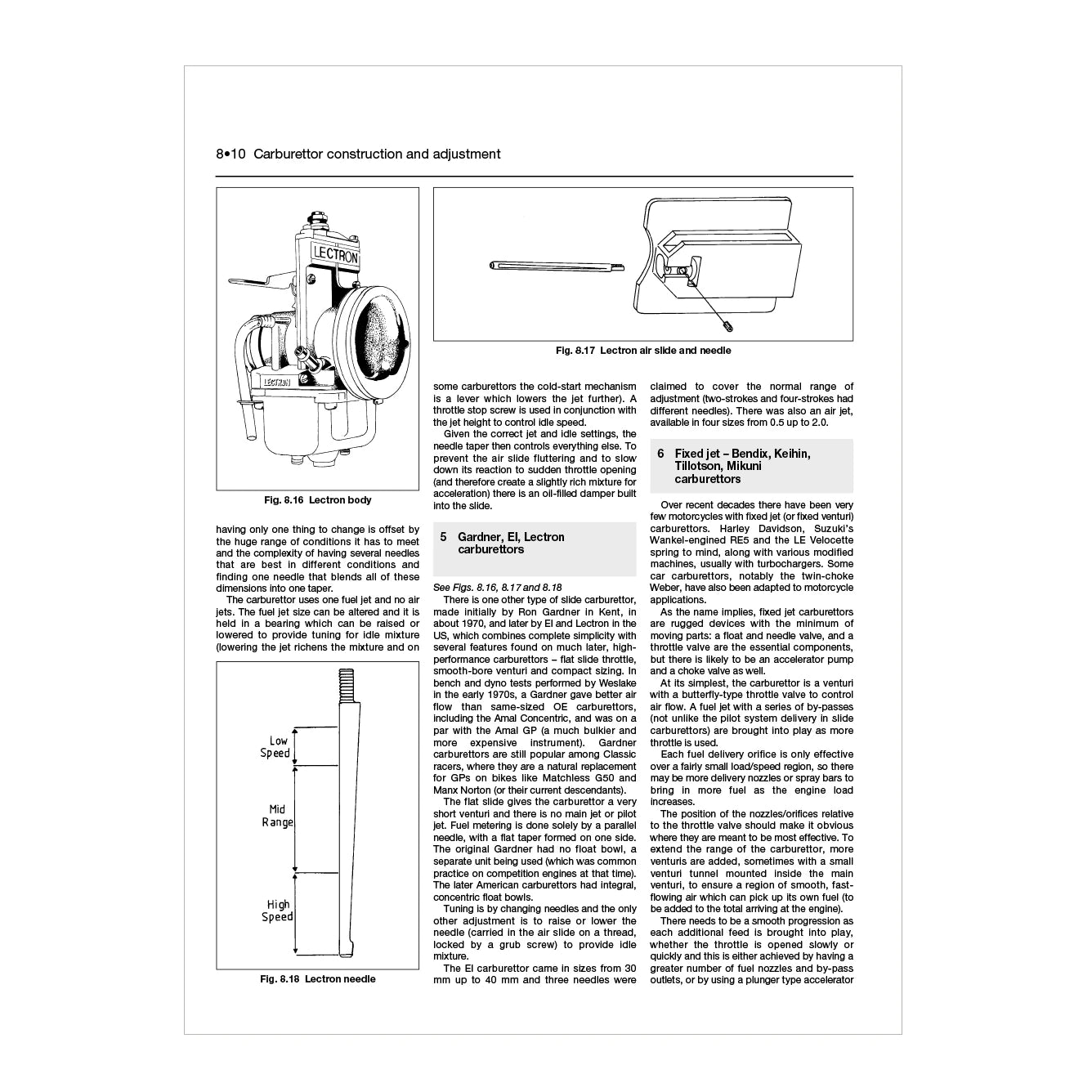 Technical manual page with illustrations and text on carburetor construction and adjustment.